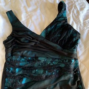 Teal and black lace midi dress